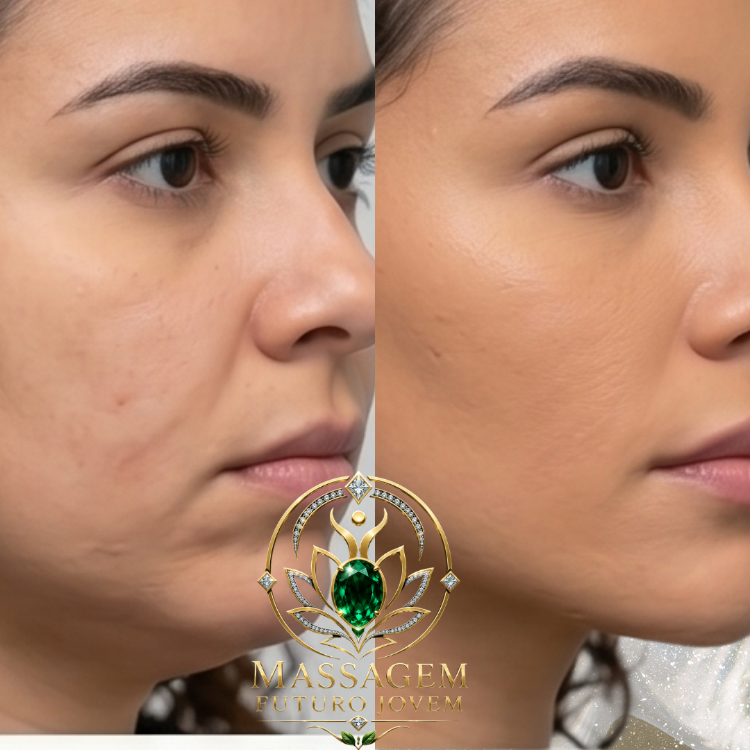 Antes e depois lateral com melhora da textura da pele e contorno facial