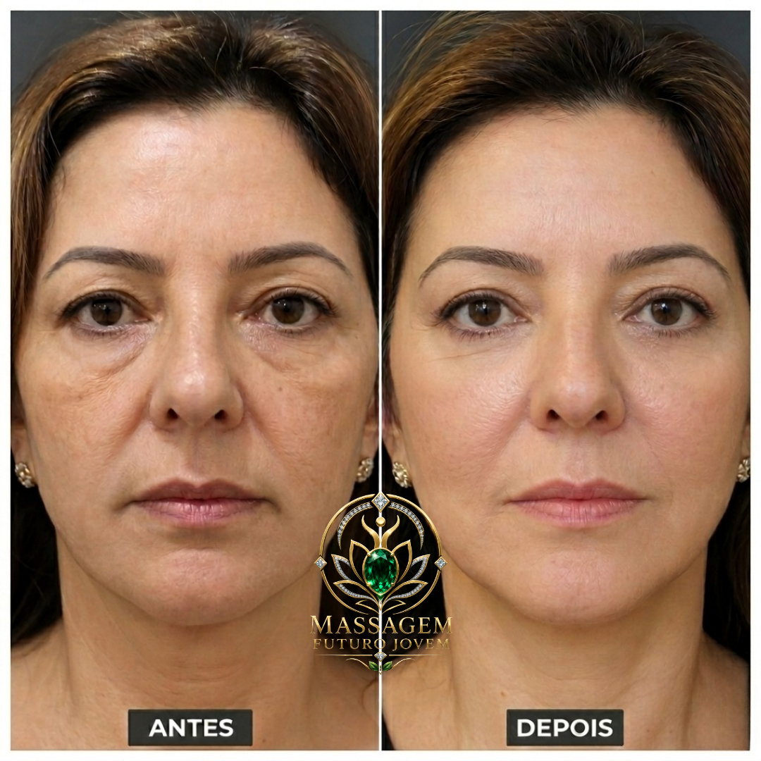 Antes e depois frontal de resultado real com pele mais firme e descansada